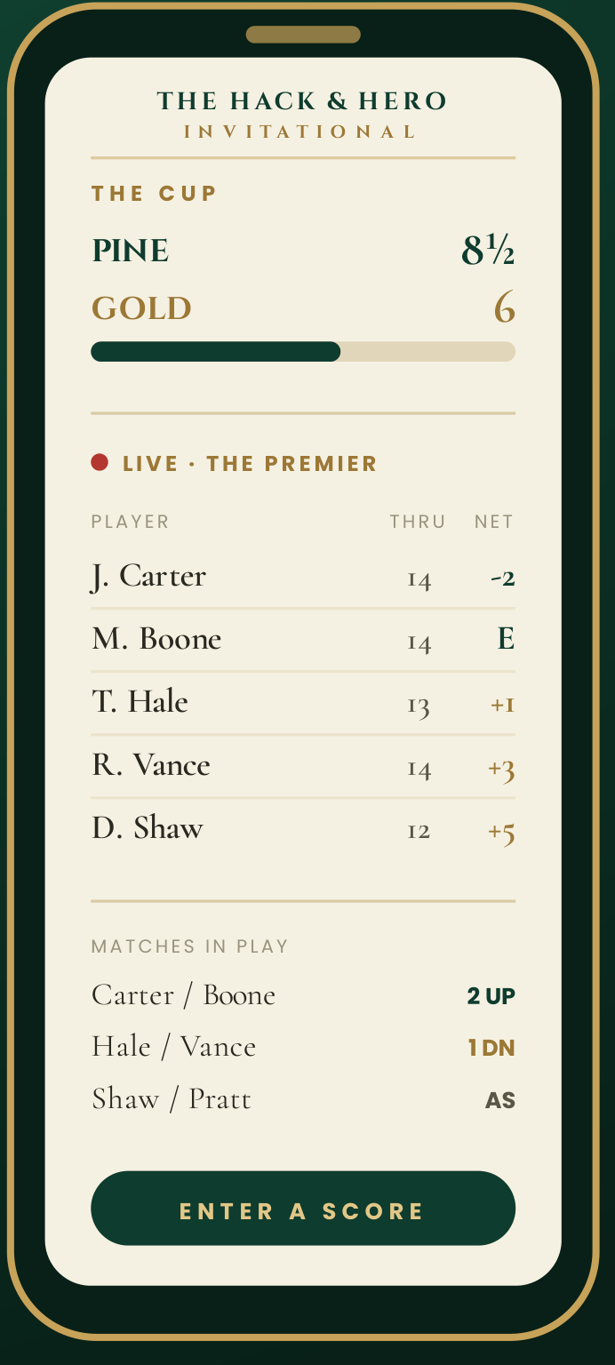 The Hack & Hero live-scoring app showing the Cup totals, the live leaderboard for The Premier, matches in play, and the enter-a-score button